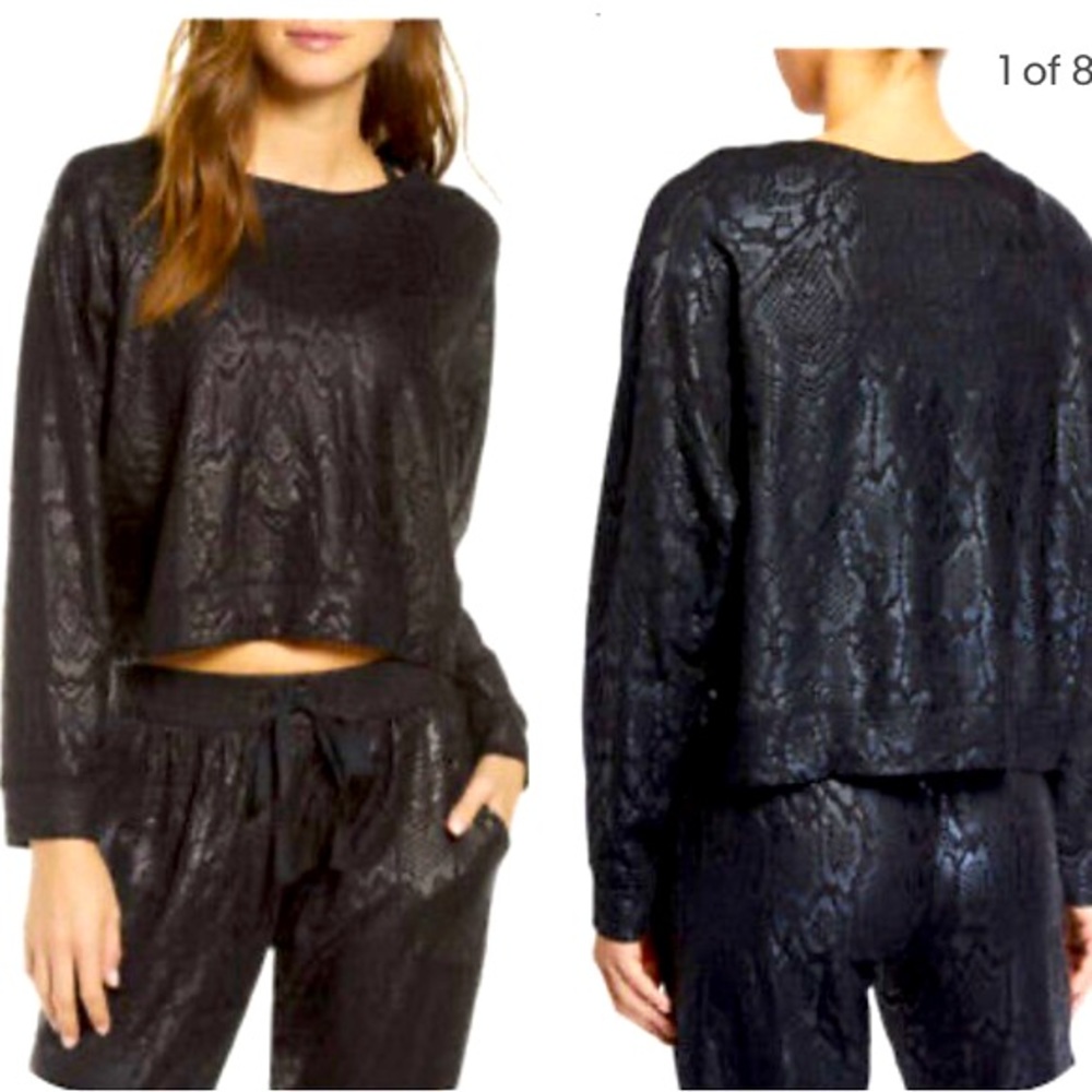 TEREZ black foil snake print cropped sweatshirt